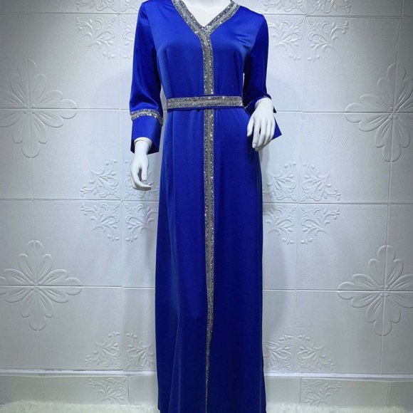 Kaftan Dubai Luxury Diamonds V-Neck Lace Tape Maxi Dress Chic Elegant Floral Print Muslim Turkish Party Evening Robe Clothing